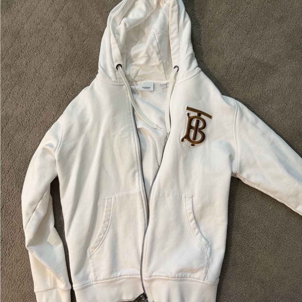 Burberry Cream Zip-Up Hoodie with Gold TB Monogram